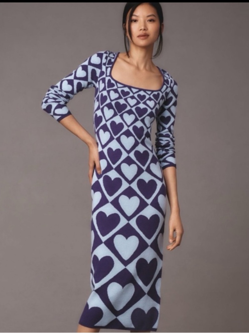 NWT Farm Rio Heart Print Long-Sleeve Midi Sweater Dress, M